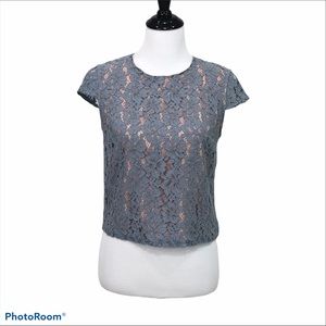 Cynthia Rowley short sleeve round neck gray lace overlay back zip blouse